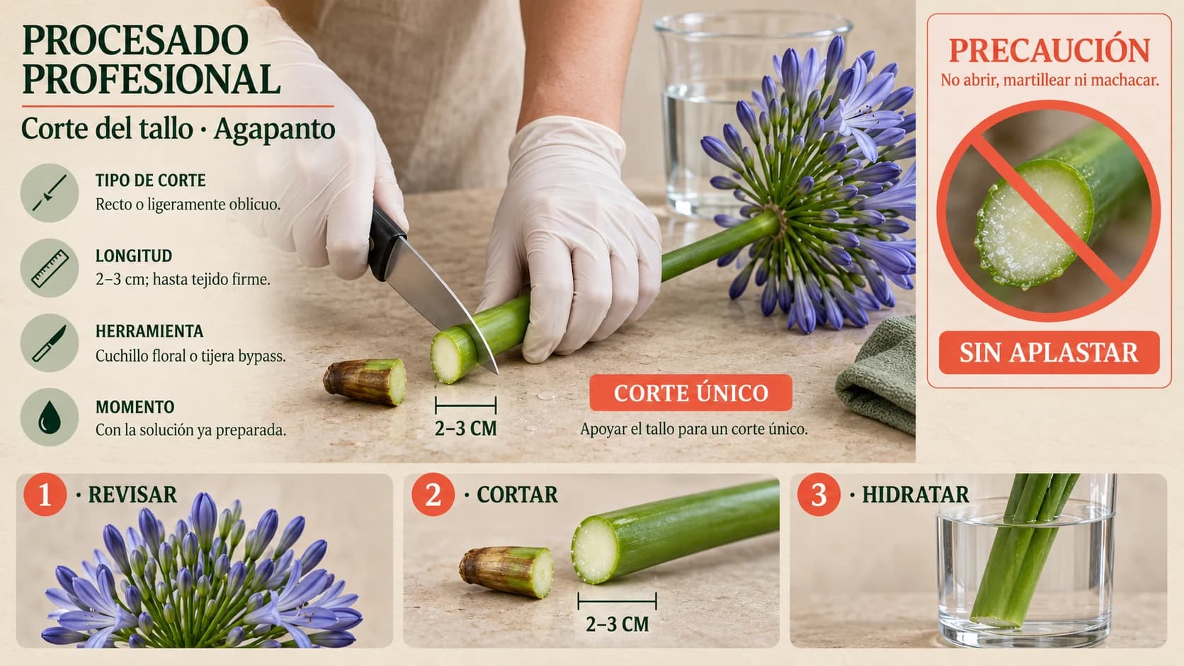 Guía visual horizontal para cortar el pedúnculo carnoso del agapanto