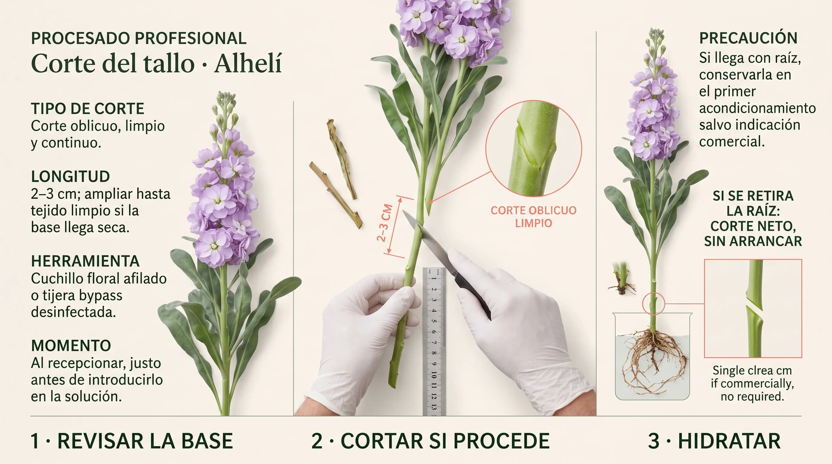 Guía profesional horizontal para cortar y acondicionar el tallo de un alhelí