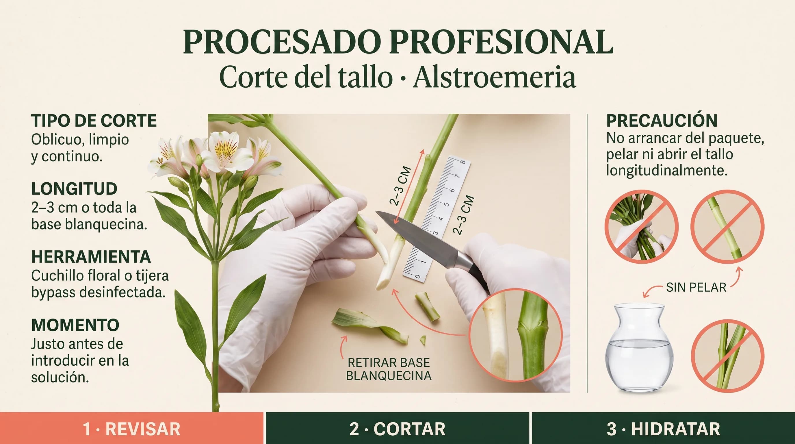 Guía visual horizontal para retirar la base blanquecina del tallo de una alstroemeria