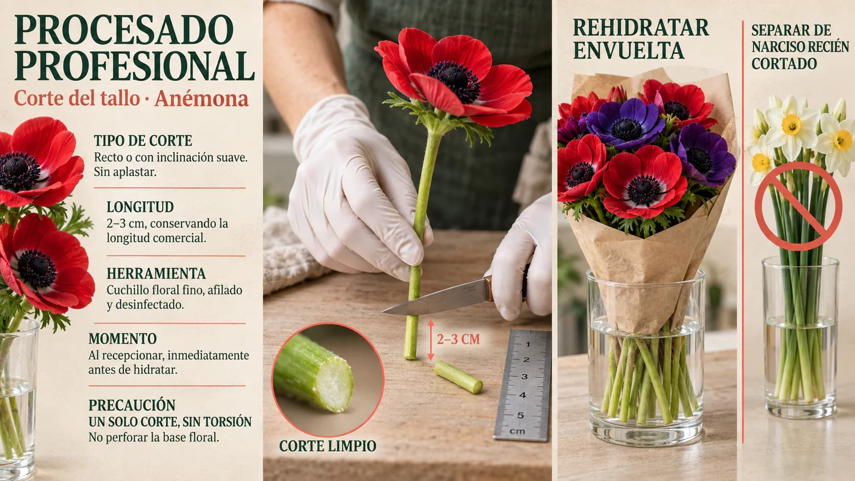 Guía visual profesional del corte del tallo de anémona para escritorio