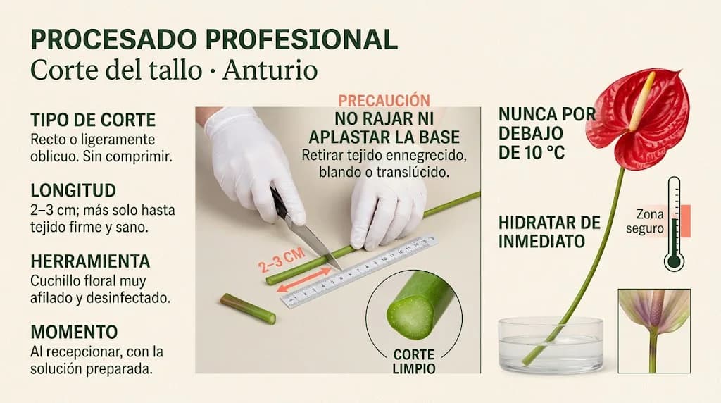 Guía visual profesional del corte del tallo de anturio para escritorio