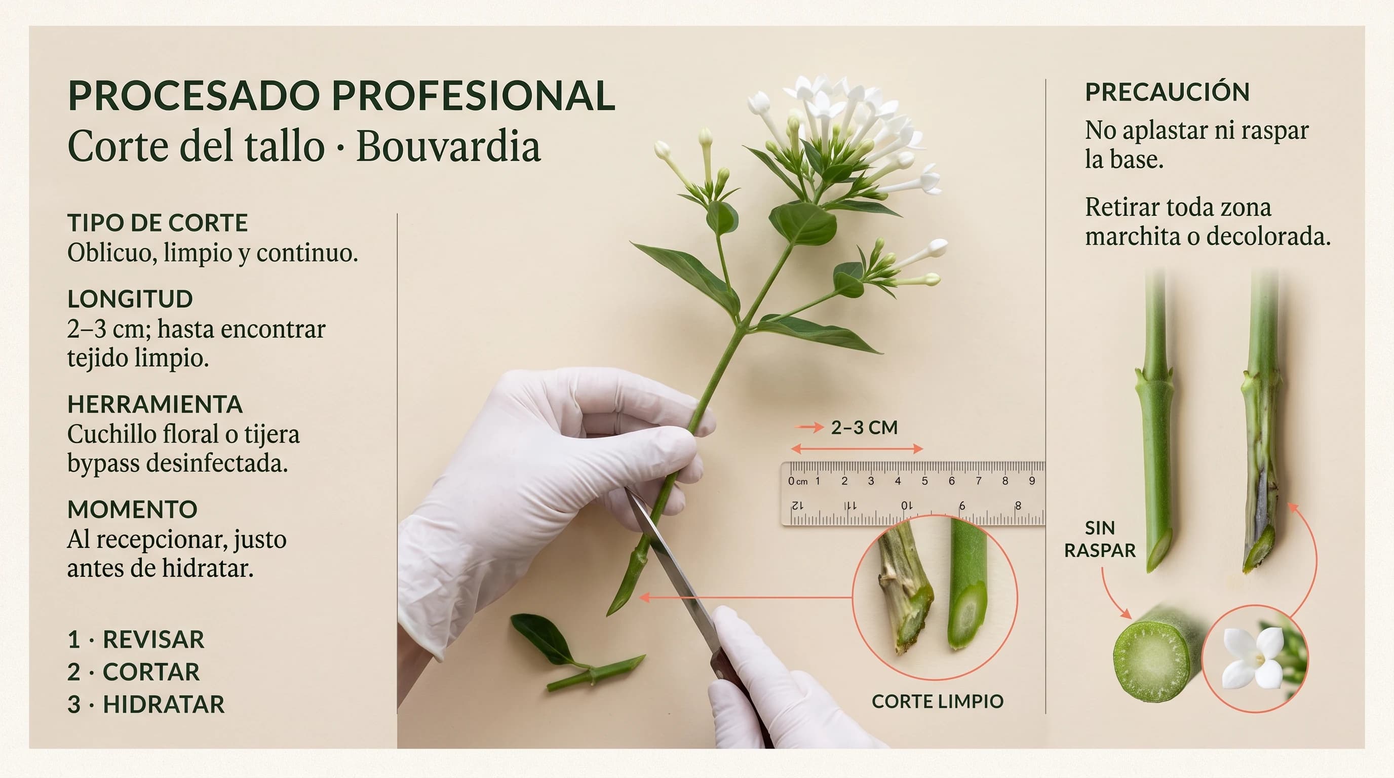 Guía visual horizontal para cortar el tallo de bouvardia de corte
