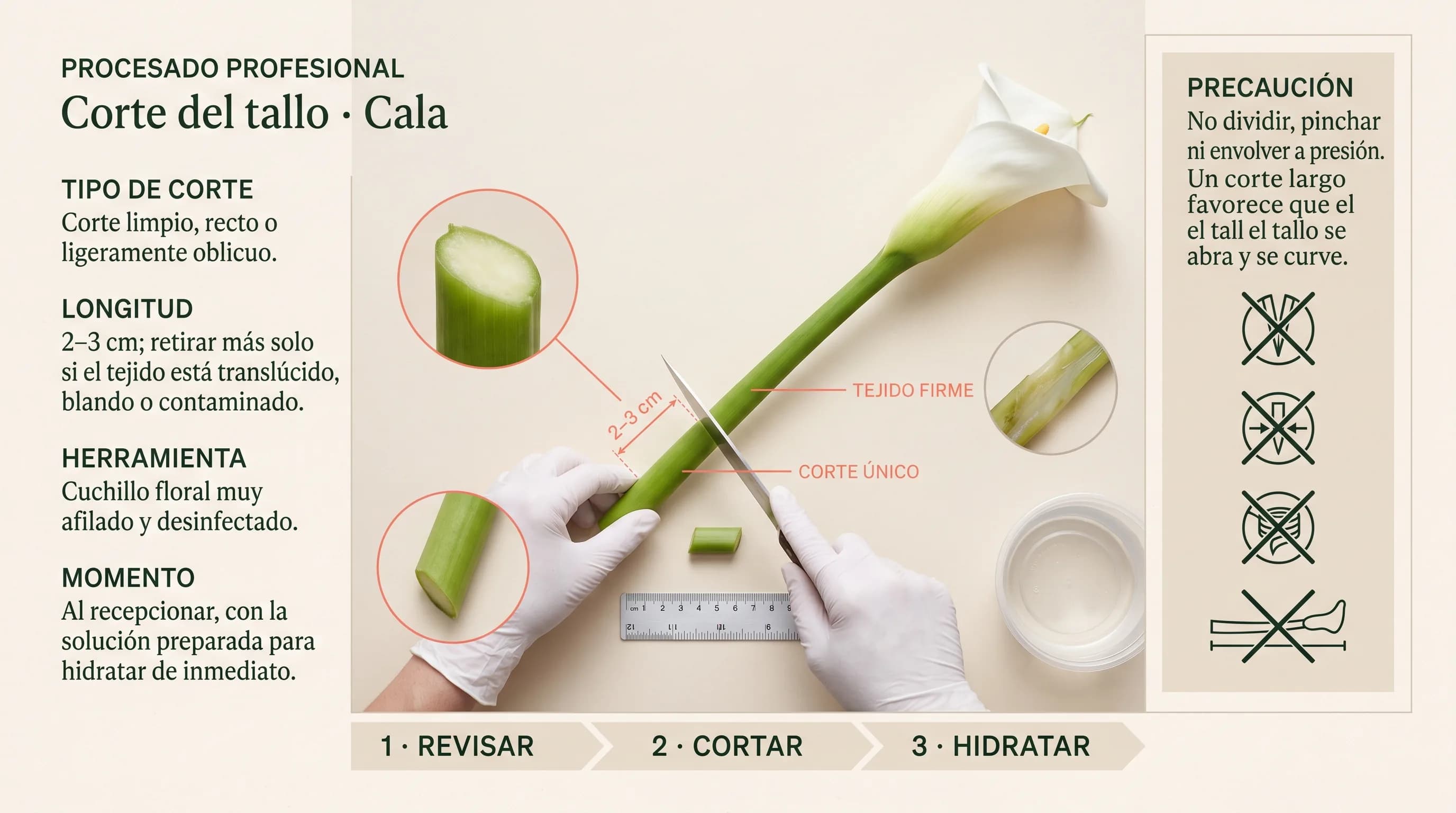 Guía profesional horizontal para realizar un corte seguro en el tallo carnoso de una cala