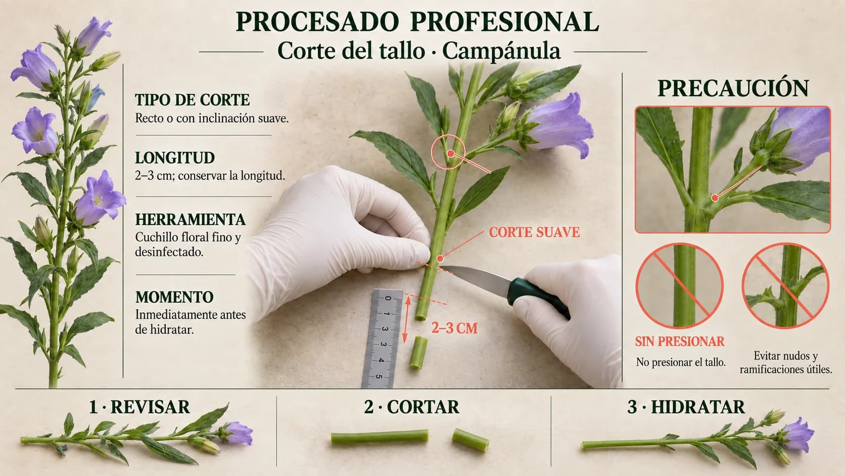 Guía visual horizontal para cortar el tallo de campánula