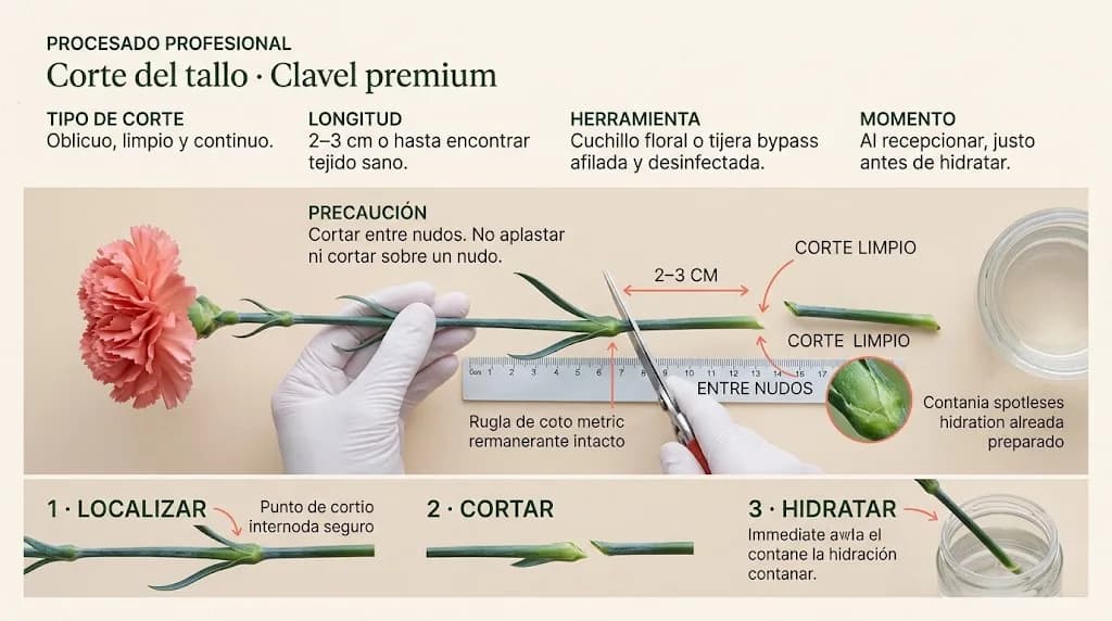 Guía visual horizontal para localizar los nudos y cortar el tallo de un clavel premium
