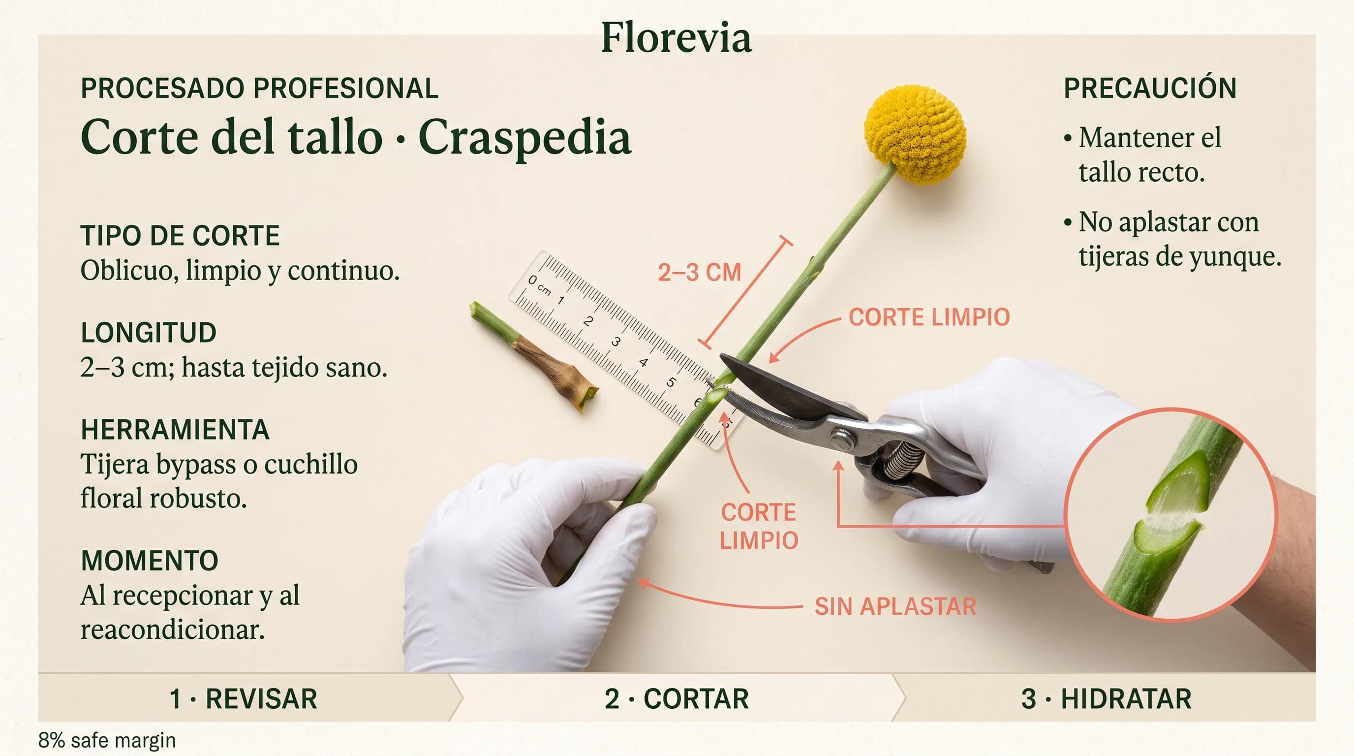 Guía visual horizontal para cortar el tallo de craspedia