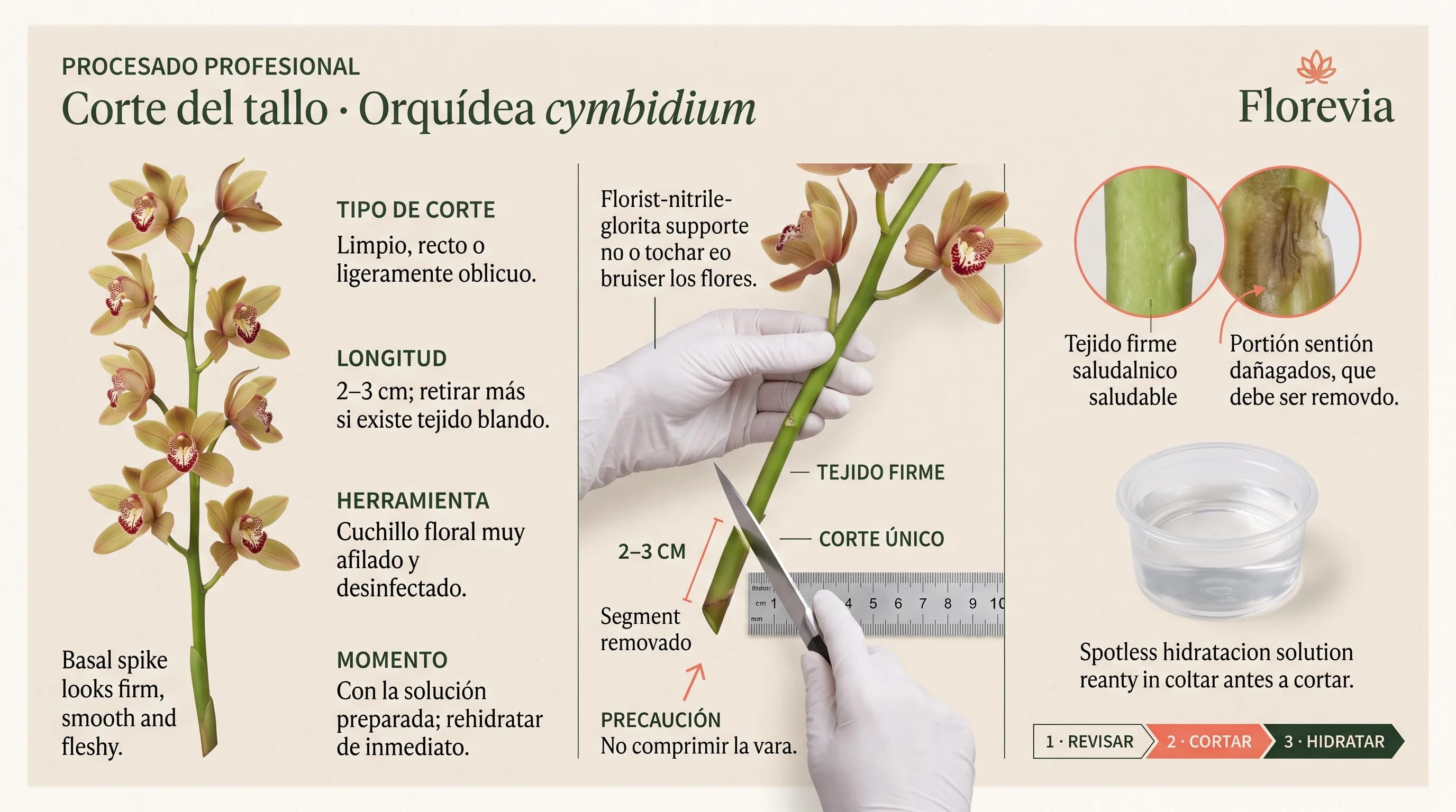 Guía visual horizontal para cortar y rehidratar una vara de orquídea cymbidium