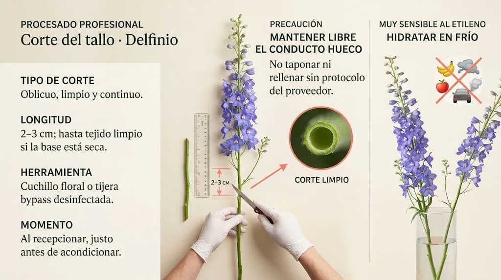 Guía visual profesional del corte del tallo de delfinio para escritorio