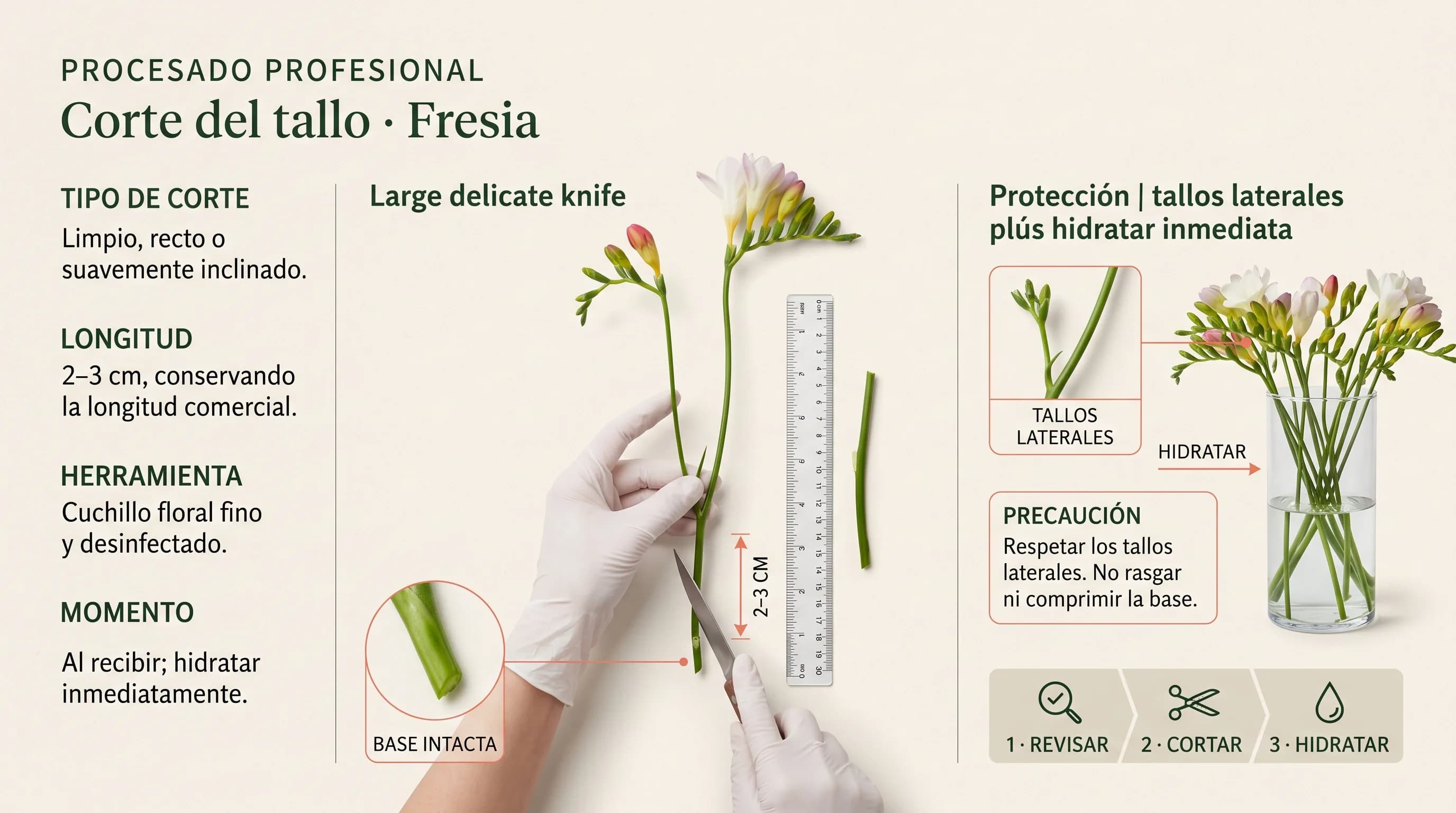 Guía visual horizontal para cortar una fresia sin dañar sus tallos laterales