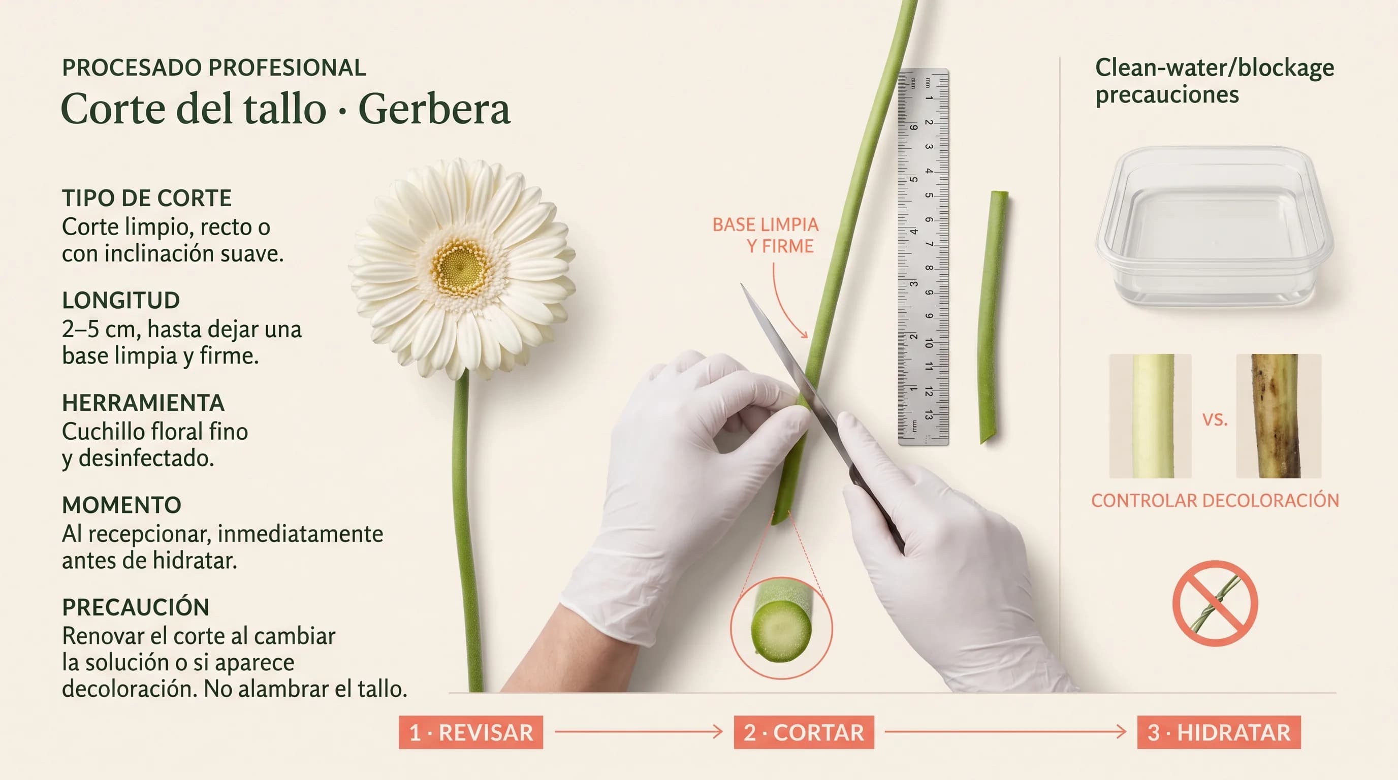 Guía profesional horizontal para revisar y cortar el tallo de una gerbera