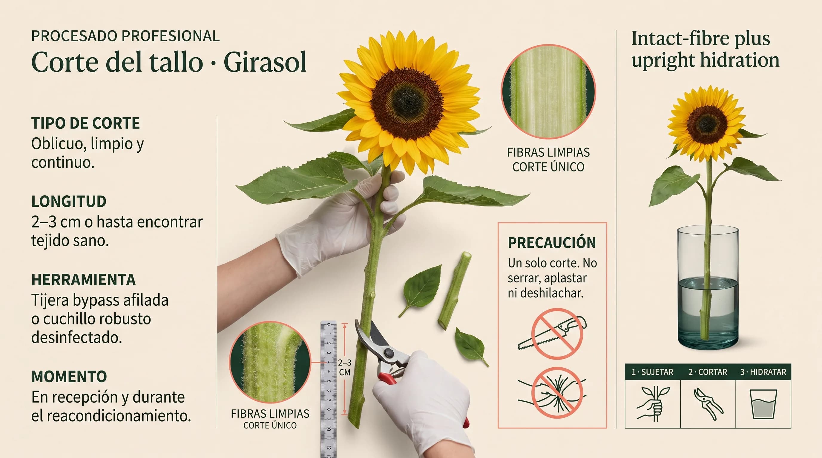Guía visual horizontal para realizar un corte limpio en el tallo fibroso de un girasol