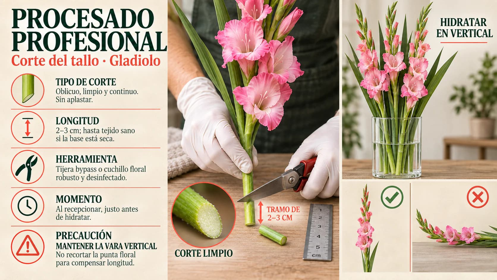 Guía visual profesional del corte del tallo de gladiolo para escritorio