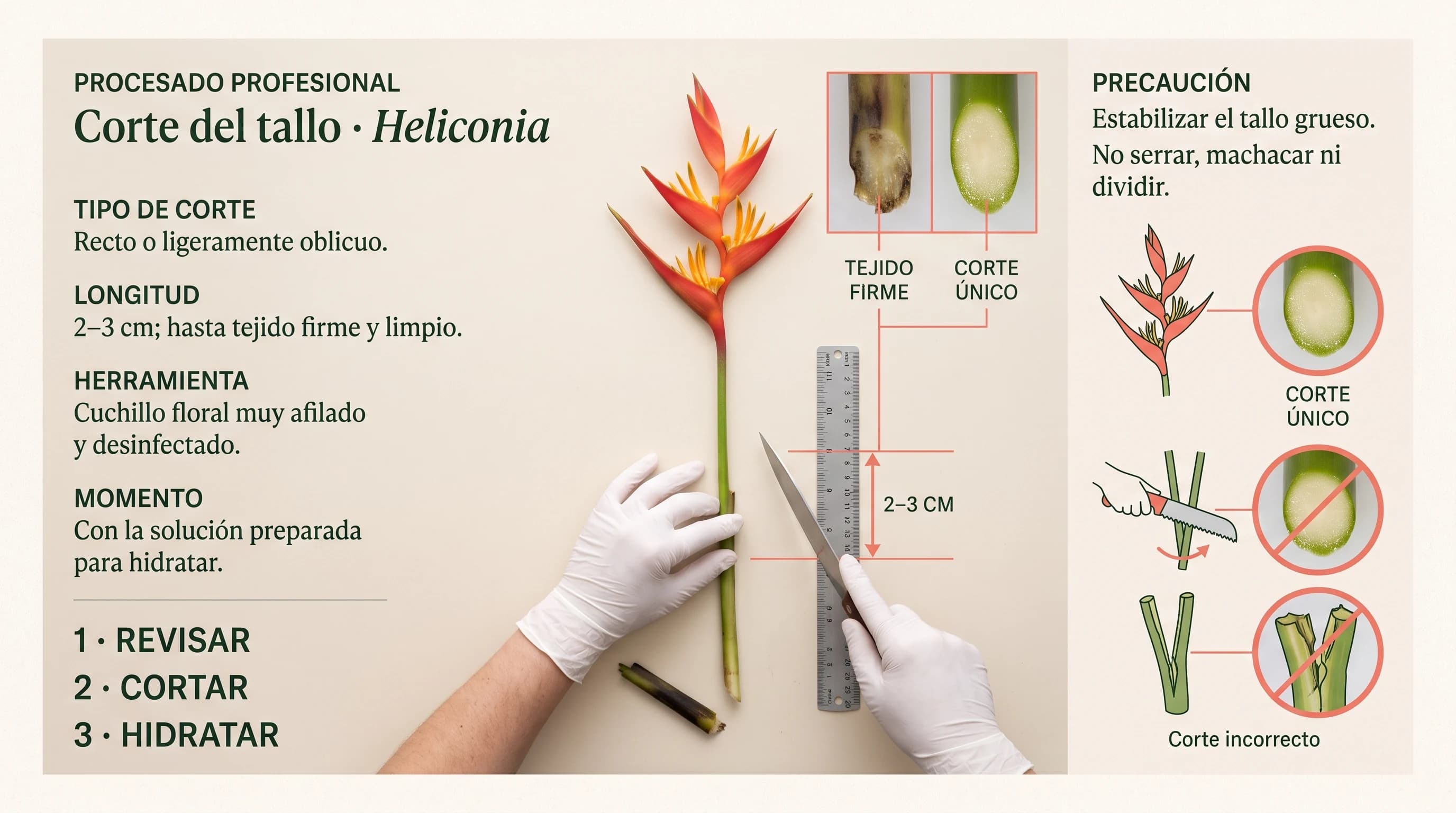 Guía visual horizontal para cortar el tallo de heliconia psittacorum