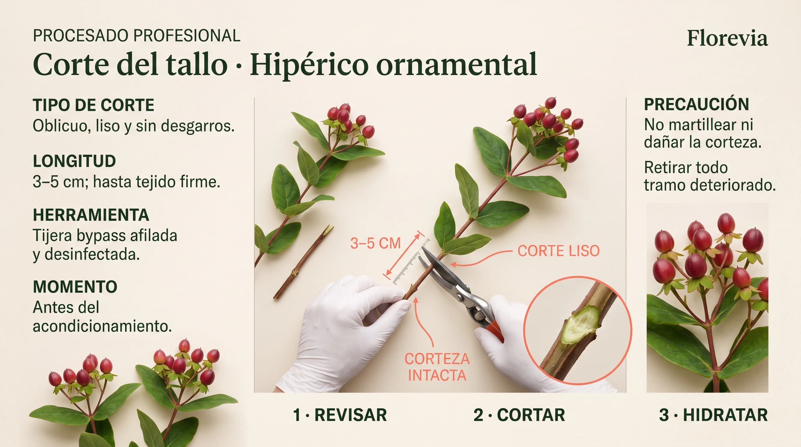 Guía visual horizontal para cortar el tallo de hipérico ornamental