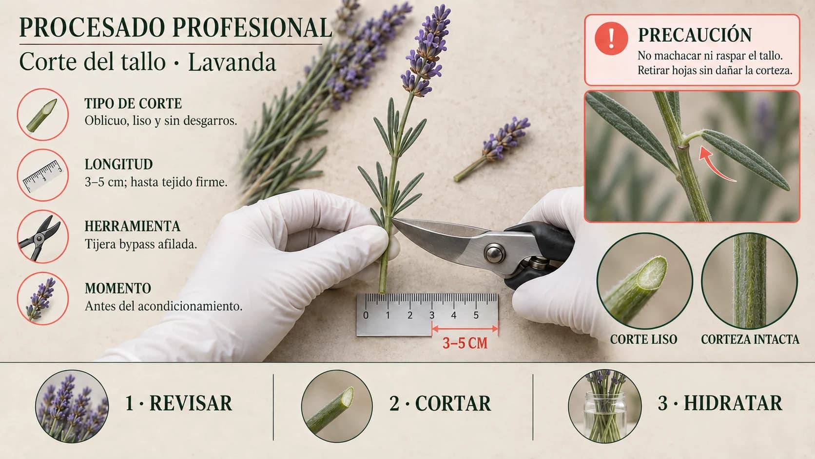 Guía visual horizontal para cortar y limpiar el tallo de lavanda