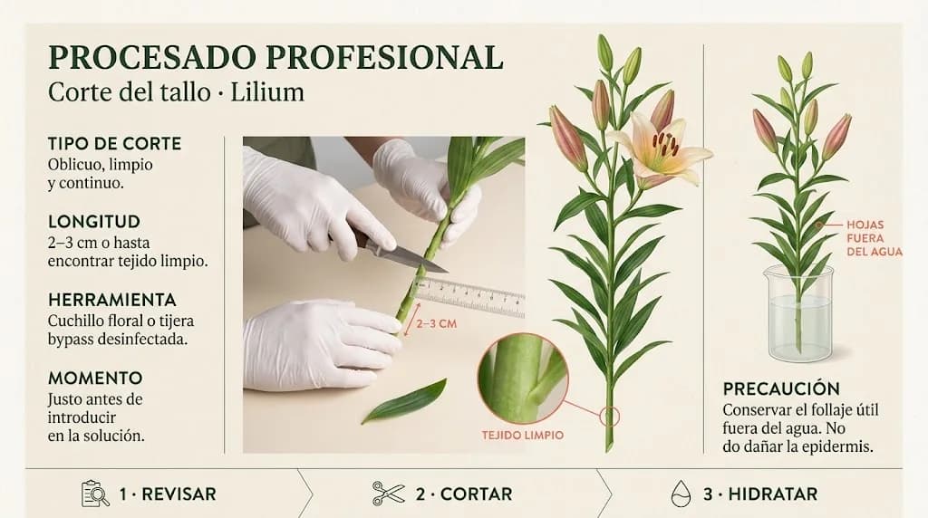 Guía visual horizontal para cortar el tallo y acondicionar el follaje de un lilium
