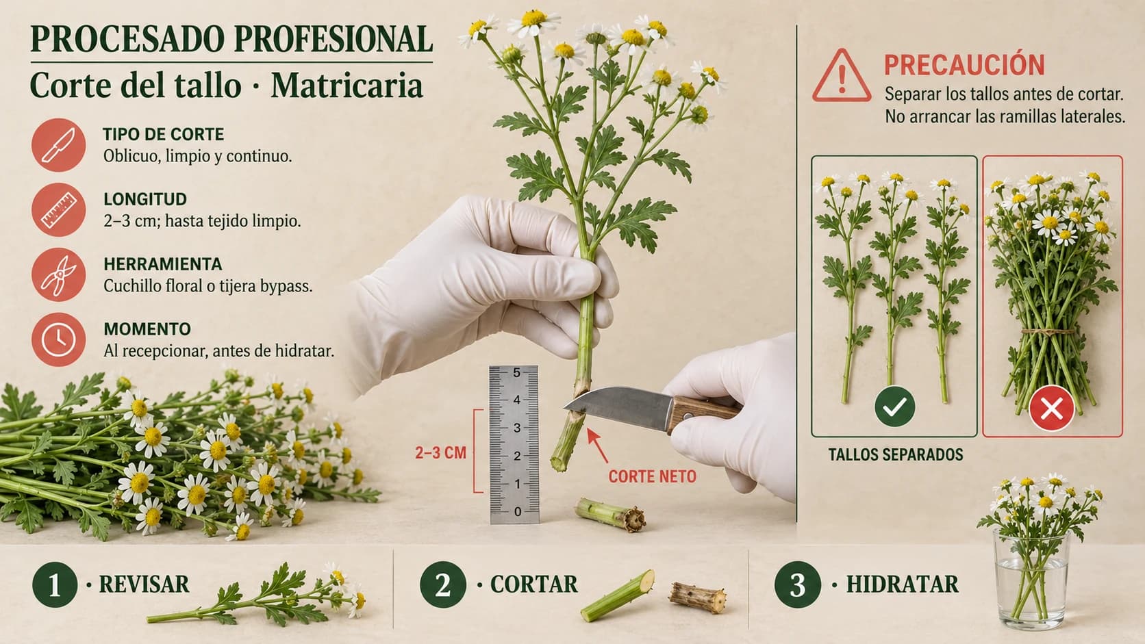 Guía visual horizontal para cortar el tallo de matricaria