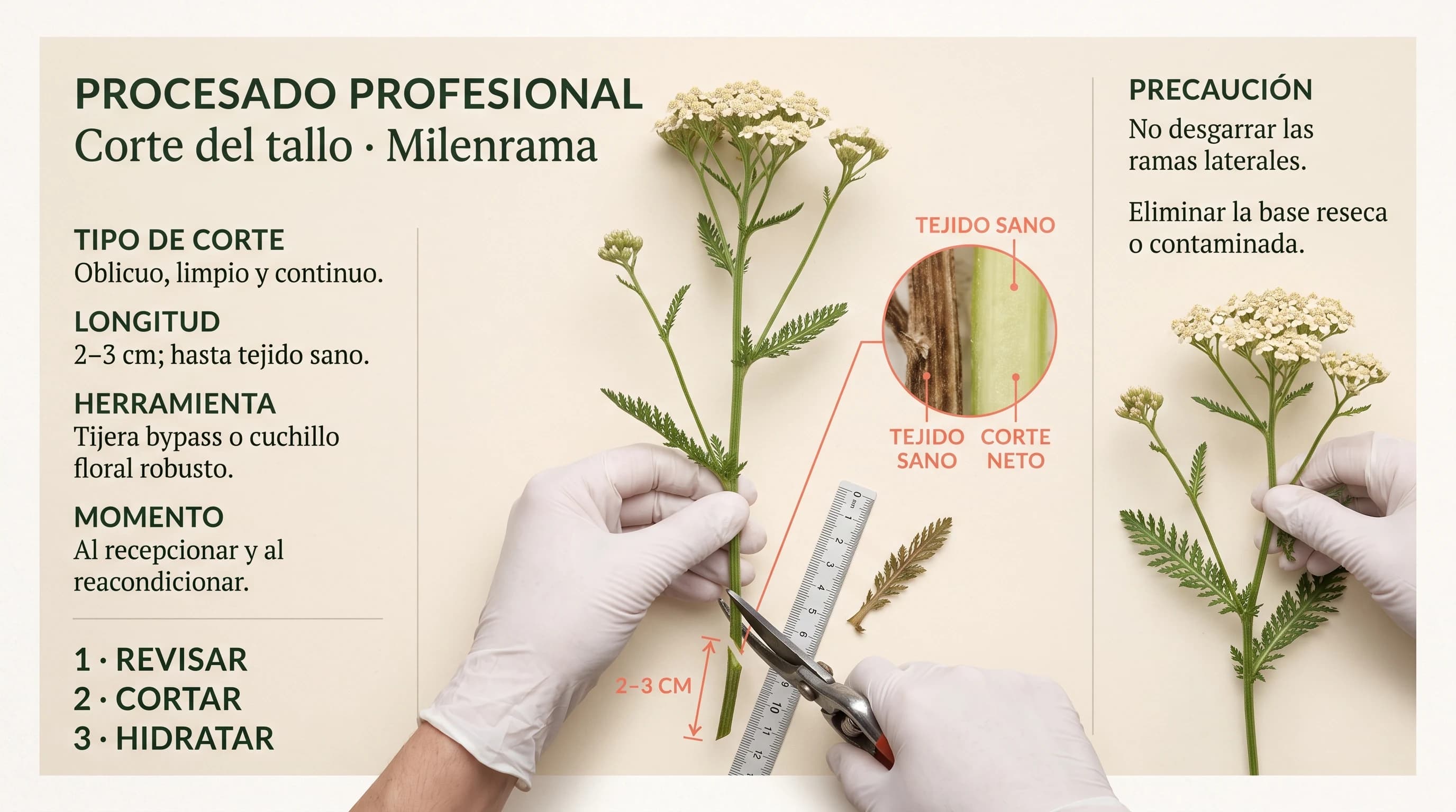 Guía visual horizontal para cortar el tallo de milenrama