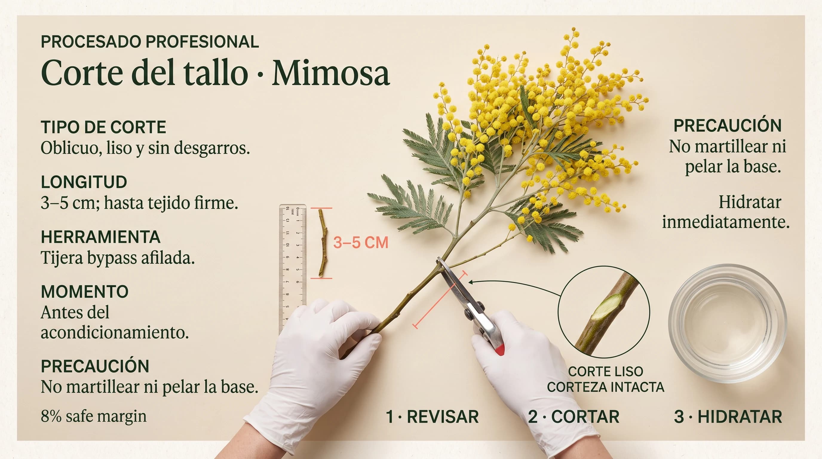 Guía visual horizontal para cortar el tallo leñoso de mimosa
