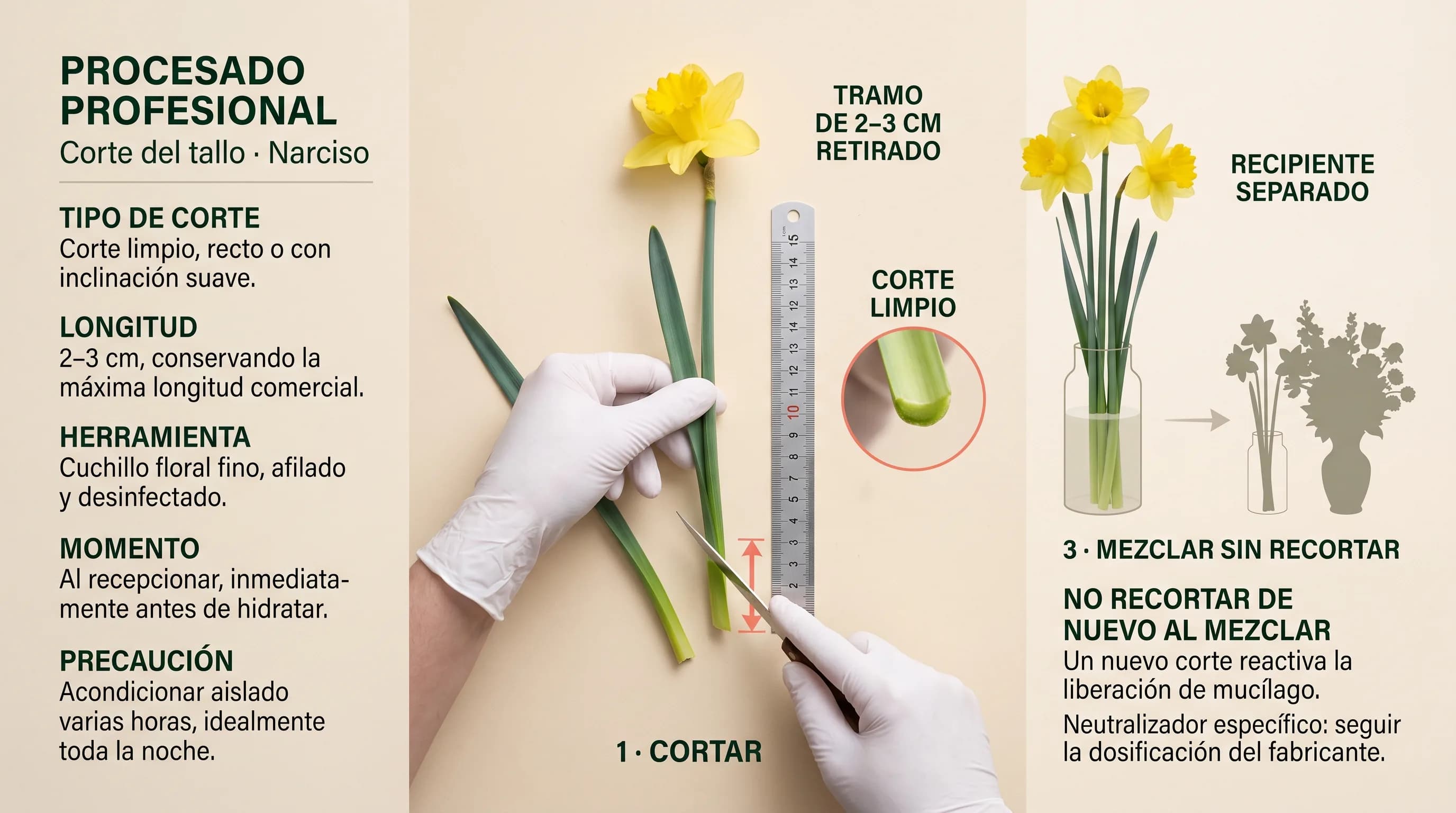 Guía profesional horizontal para cortar y acondicionar por separado los tallos de narciso