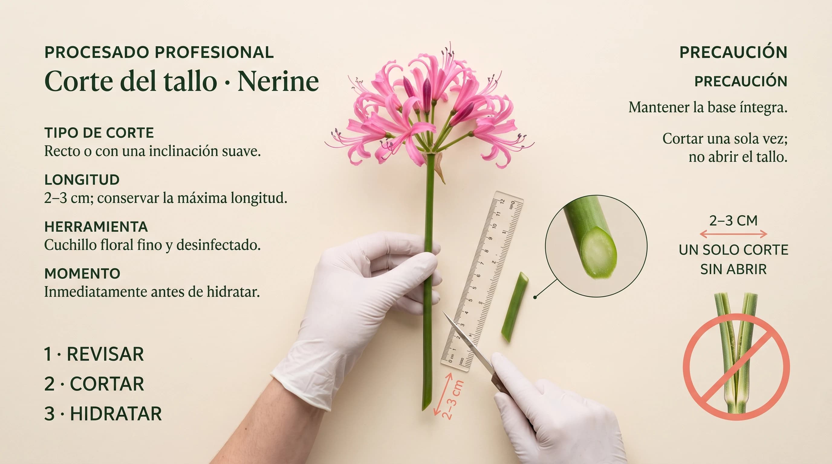 Guía visual horizontal para cortar el tallo de nerine
