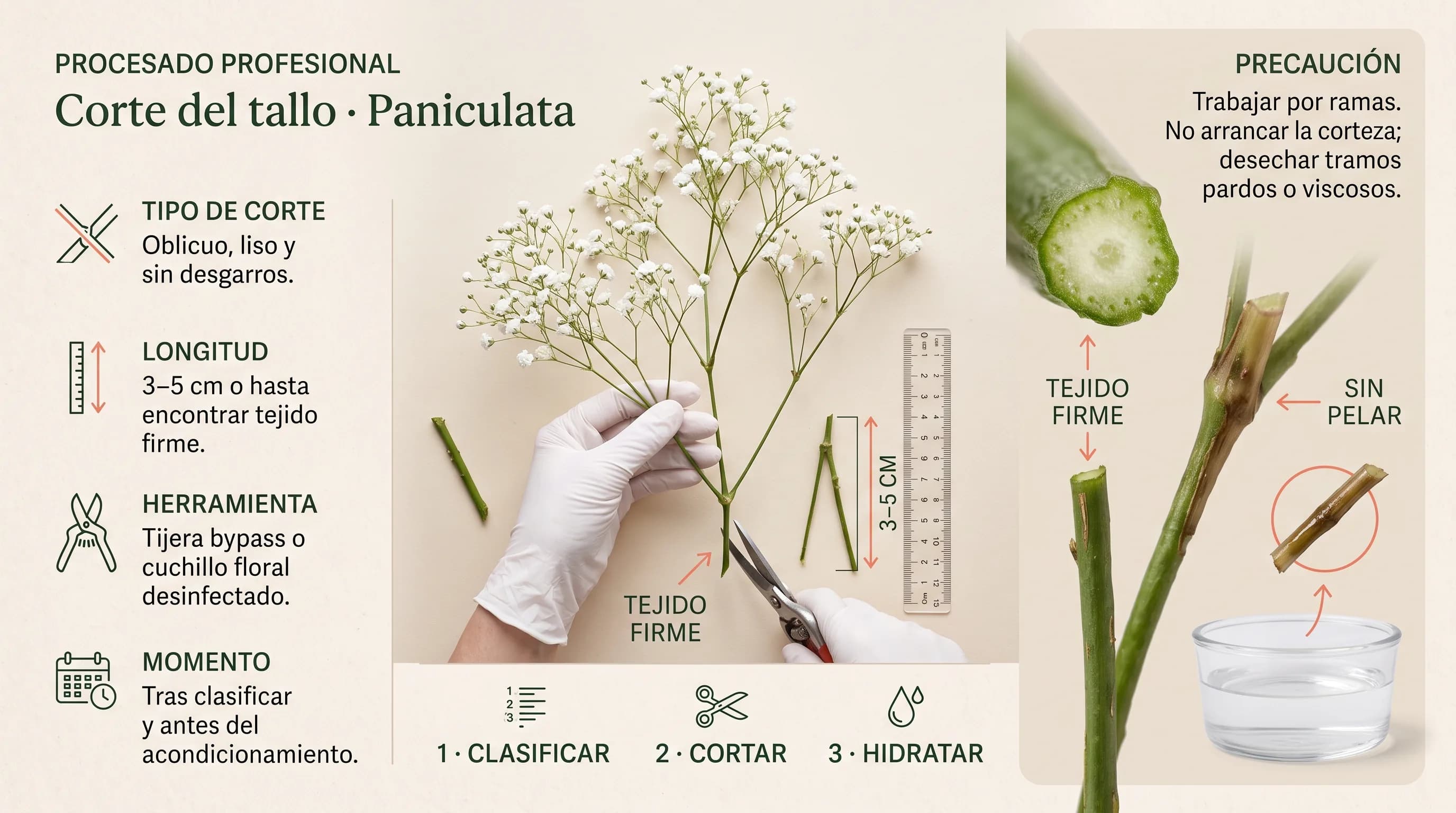 Guía visual horizontal para clasificar y cortar por ramas una paniculata