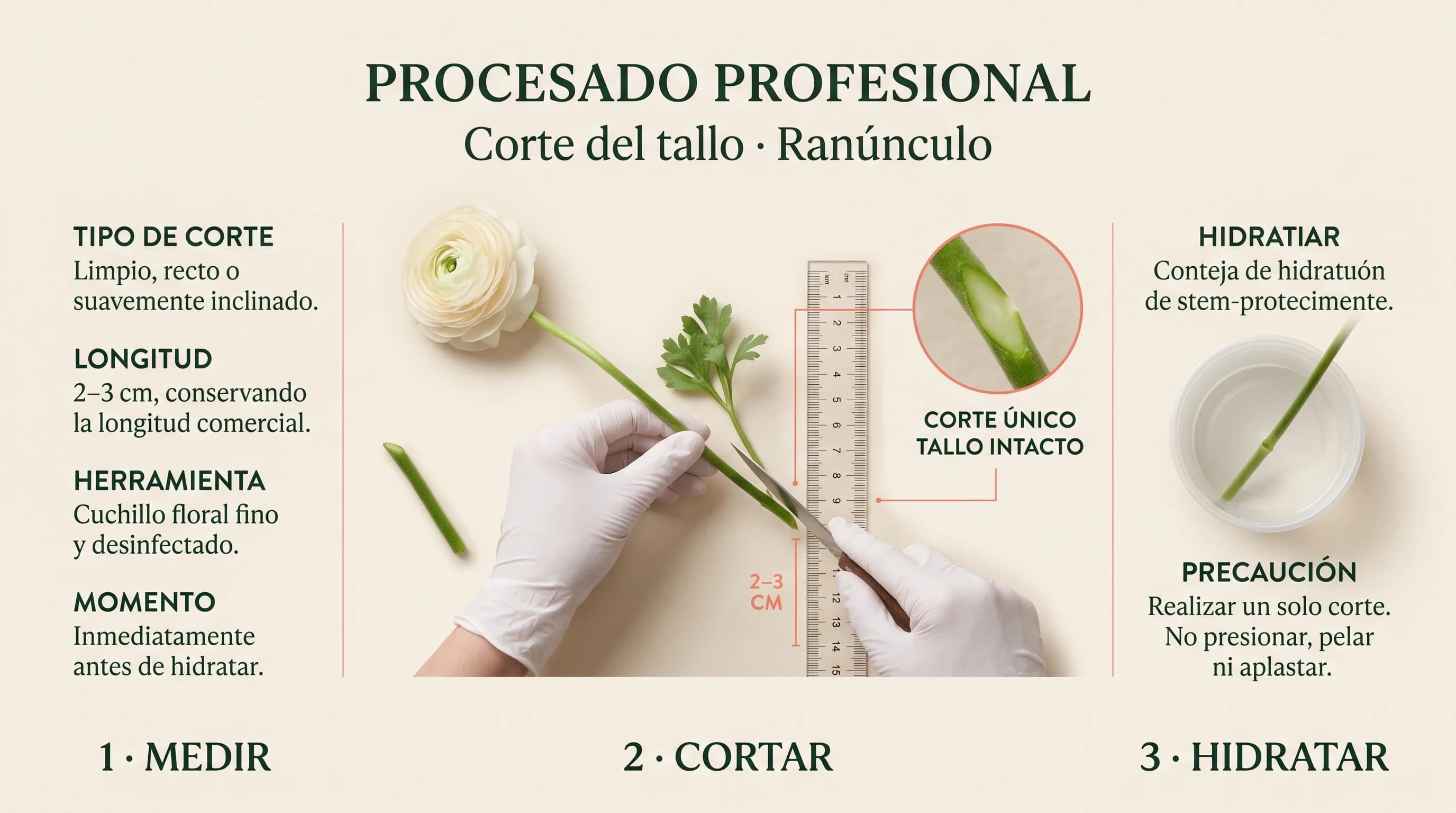 Guía visual horizontal para medir y cortar el tallo de un ranúnculo