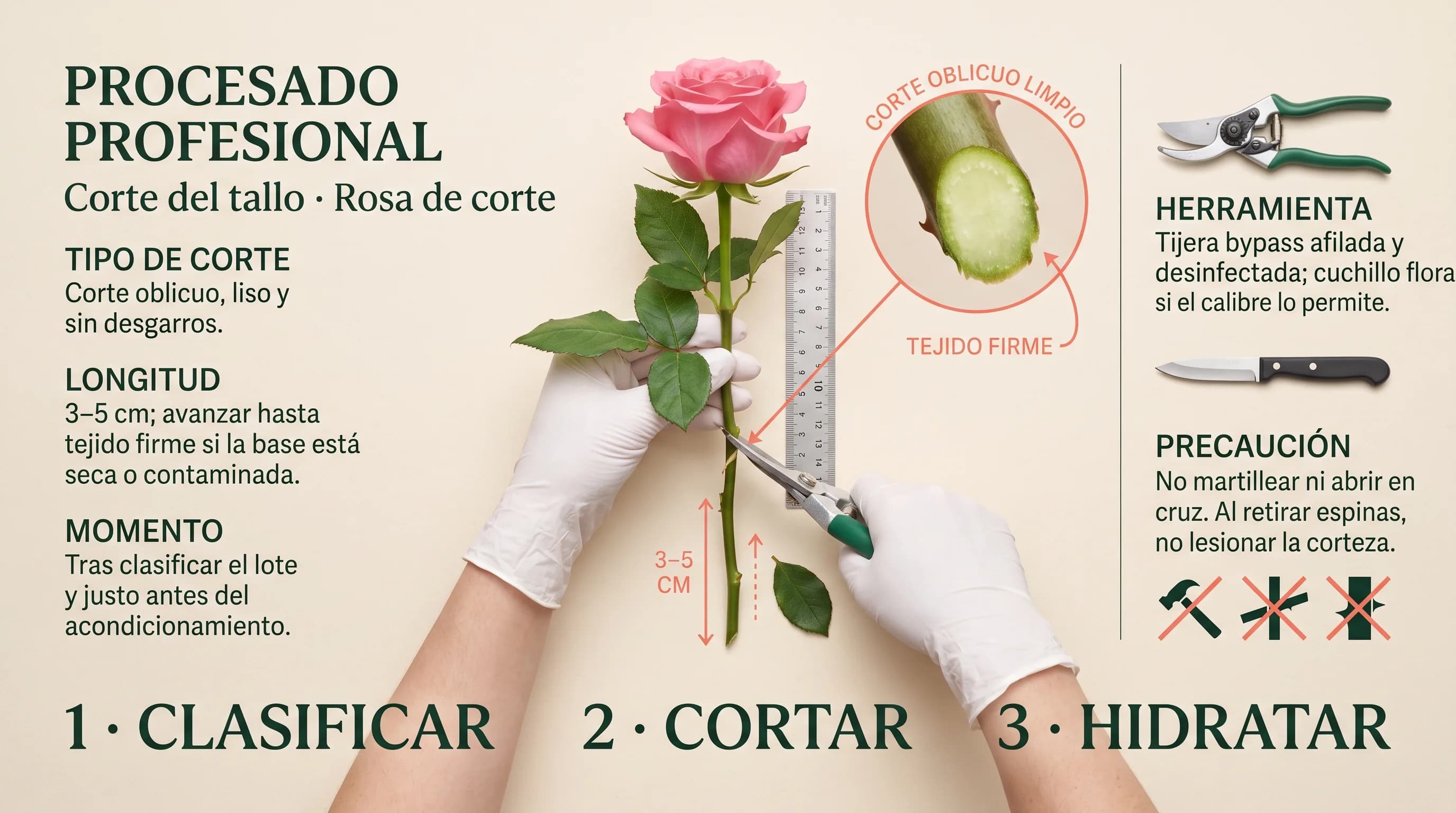 Guía profesional horizontal para realizar el corte oblicuo del tallo de una rosa de corte