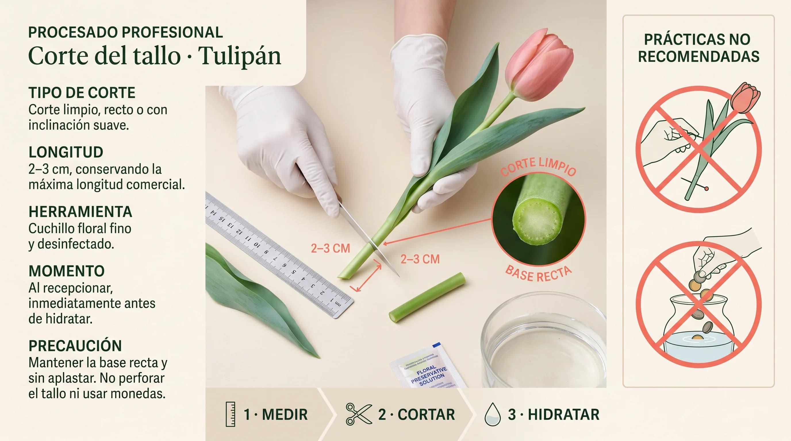 Guía profesional horizontal para realizar el corte del tallo de un tulipán