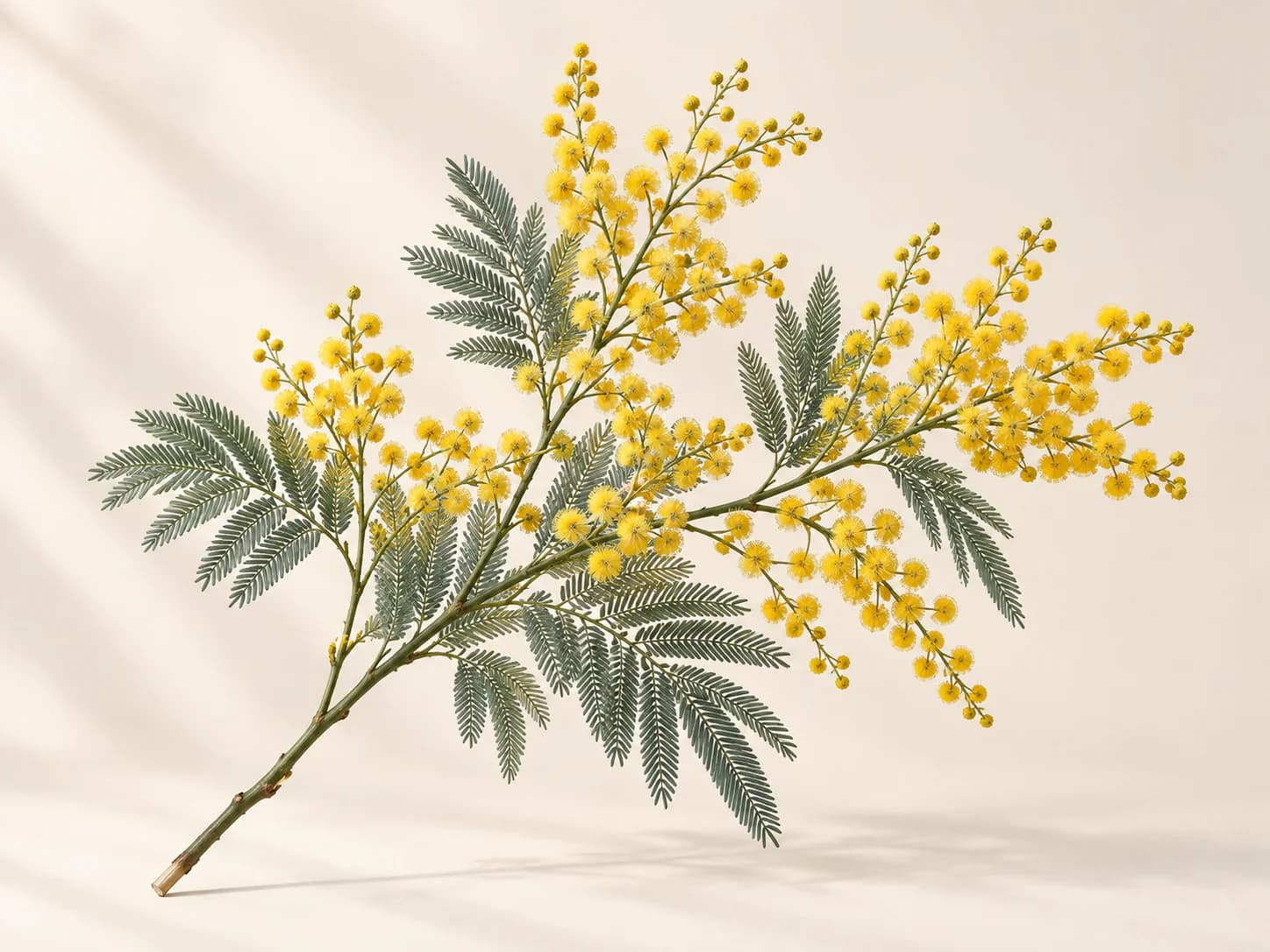 Pompones amarillos de mimosa sobre follaje fino